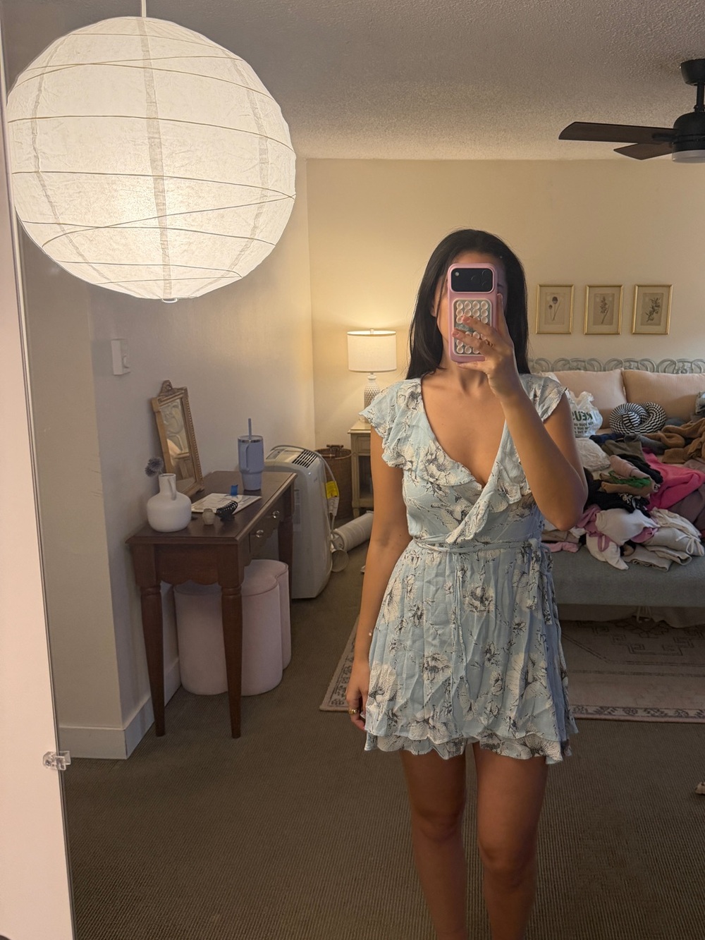Free People Light Blue Floral Ruffle Wrap Dress